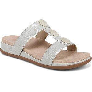 Vionic Serra Taupe Grey T-Strap Slide Sandals Arch Support